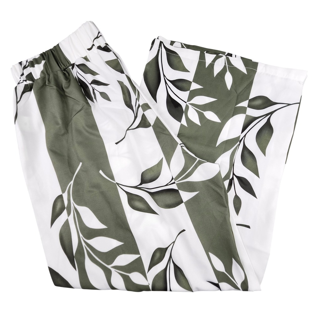 Wide Leg Pants Women XL Green White Floral Leaf Print Elastic Waist Resort Boho
